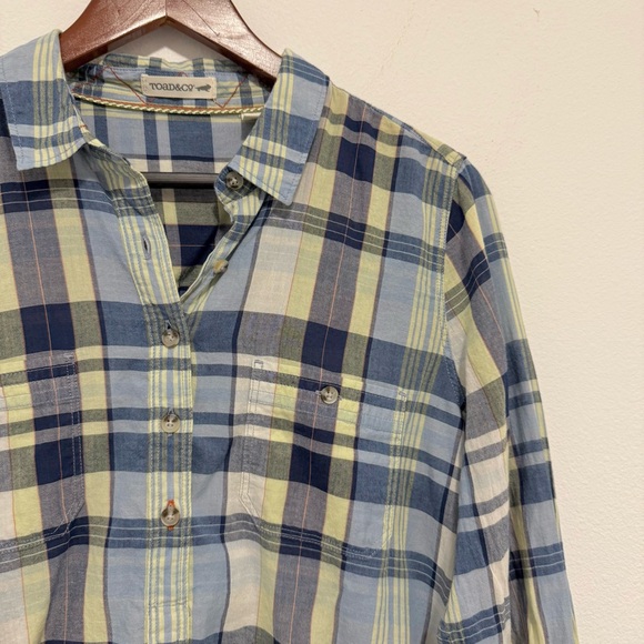 Toad & Co 100% Organic Cotton Popover Top Long Sleeves Blue Plaid Medium - Picture 4 of 9